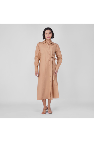 LINELLE Brown Cotton Poplin Casual Midi Dress