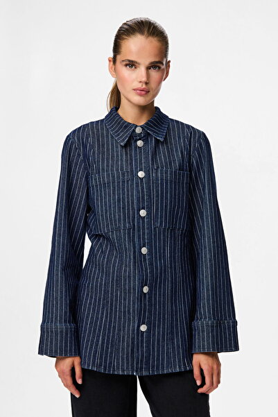 PIECES Kadin Slim Fit Uzun Kol Çizgili Denim Dugmeli Gomlek