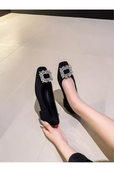 Take Two By Styli Black Embellished Square Buckle Flats Shoes