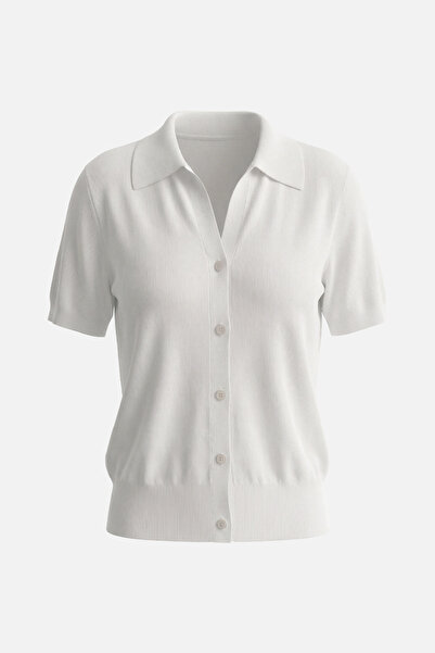 Setre Ecru Button and Collar Detailed Short Sleeve Knitwear