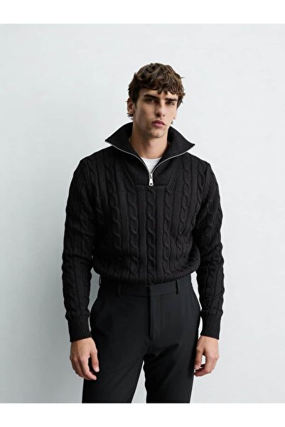 Atelier Old Money Oxford Balıkçı Fermuarlı Siyah Kazak FW5843