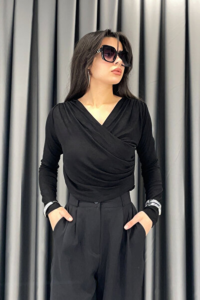 Noa&Noa Double-Breasted Collar Pleated Blouse-Black Black