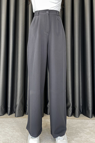 Gökkuşağı Çift Pileli Palazzo Kumaş Bol Paça Pantolon-Antrasit ANTRASİT