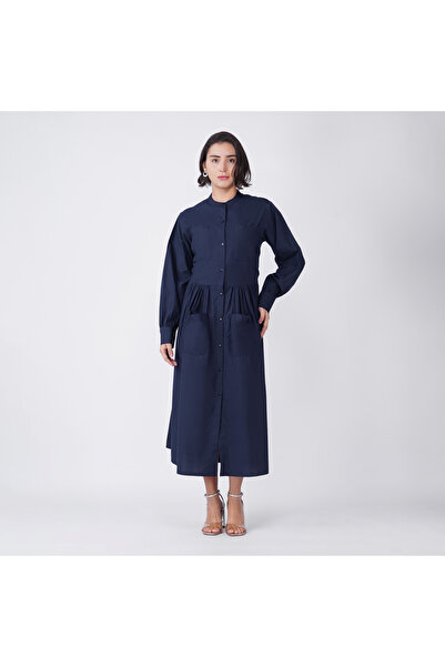 LINELLE Dark Blue Cotton Poplin Buttoned Midi Dress