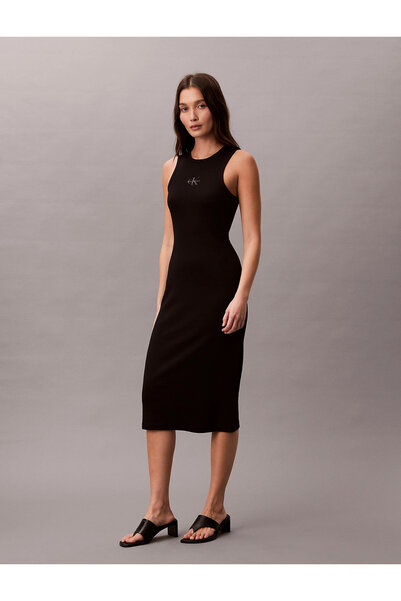 Calvin Klein Kolsuz Monologo 2x2 Bebek Fitilli Midi Kadın Siyah Elbise LV047F...