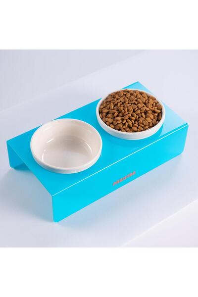 Pawstar Turkuaz İkili Seramik-Pleksi Mama ve Su Kabı-Kedi Köpek Mama Su Kabı