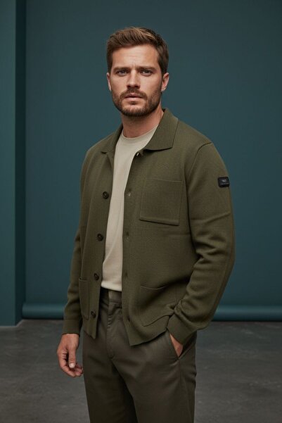 WEMSEY Ζακέτα χακί με γιακά πόλο και τσέπες με κουμπιά