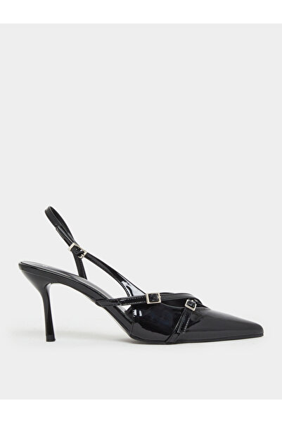 Styli Black Patent Leather Buckled Slingback Shoes