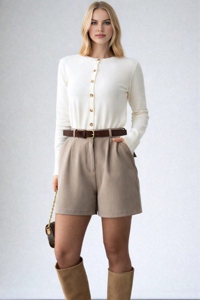 LOOSH Kadın Bej Yüksek Bel Pileli Bermuda Şort