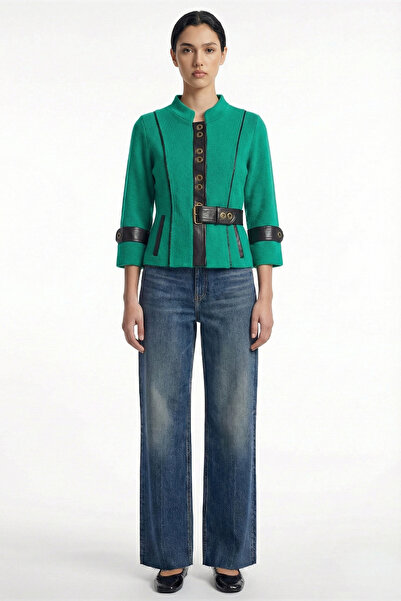 Sementa Jachetă din lână cu guler în V și mâneci trei sferturi - Verde - Negru