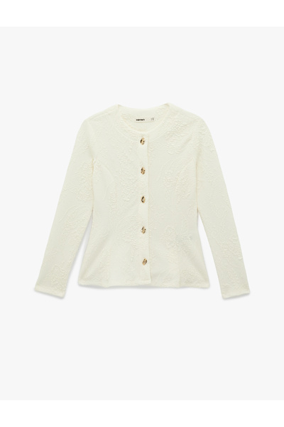 Koton Slim Fit Gem Button Detailed Long Sleeve Crew Neck Floral Textured Card...