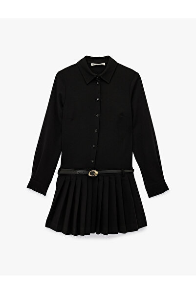 Koton Long Sleeve Buttoned Belt Detailed Pleated Mini Shirt Dress