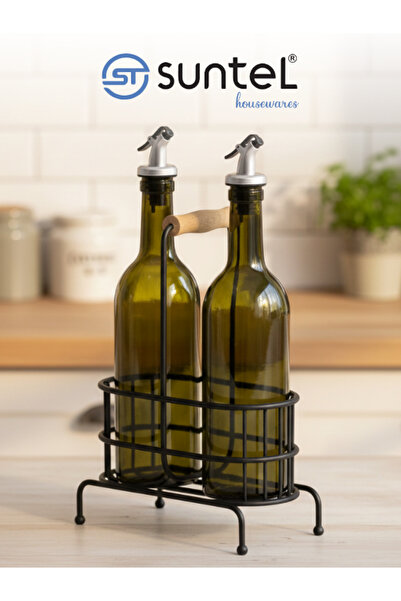 Suntel Glass Oil Pot & Vinegar Bowl Set with Wooden Handles and Metal Stand –...