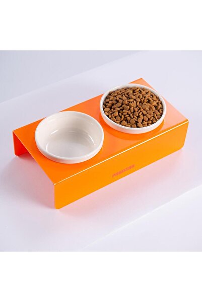 Pawstar Turuncu İkili Seramik-Pleksi Mama ve Su Kabı-Kedi Köpek Mama Su Kabı