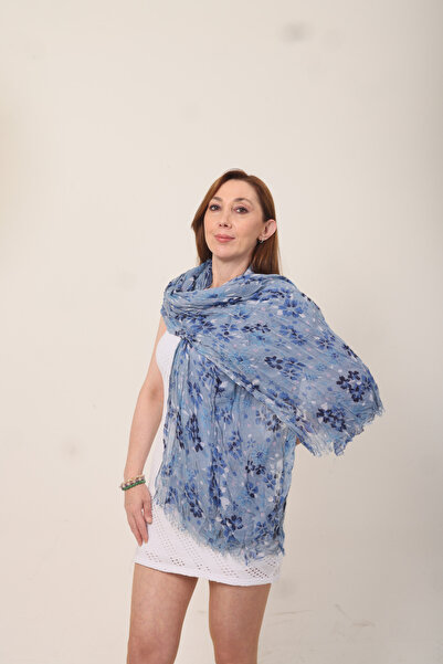 Mystic Shawl %100 Pamuk İndigo Renk Çiçek Desenli Çift Taraflı Şal (70x180 cm)