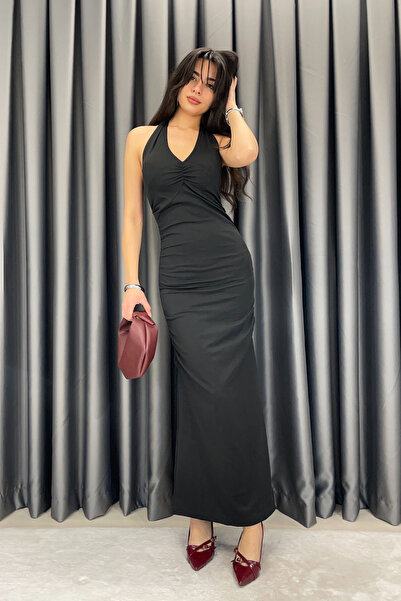 KECHİ WOMAN فستان كيتشي برباط حول الرقبة وتفاصيل جانبية - أسود