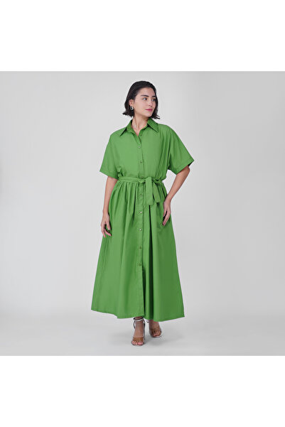 LINELLE Green Cotton Poplin Shirt Dress