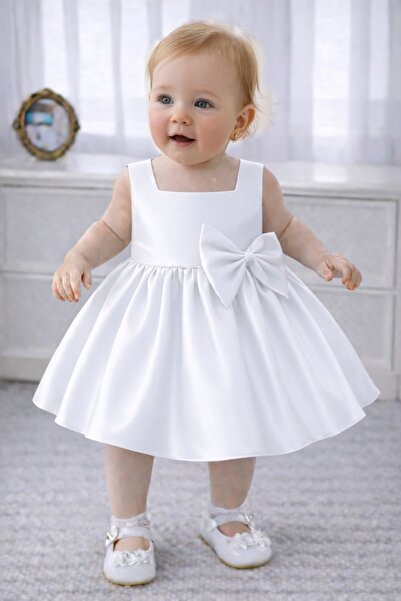 SUNEH Baby Girl White Square Collar, Bow Detail, Birthday, Party Dress