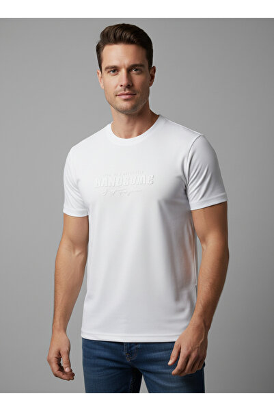 WERRONİ Men's white slim fit embossed print t-shirt