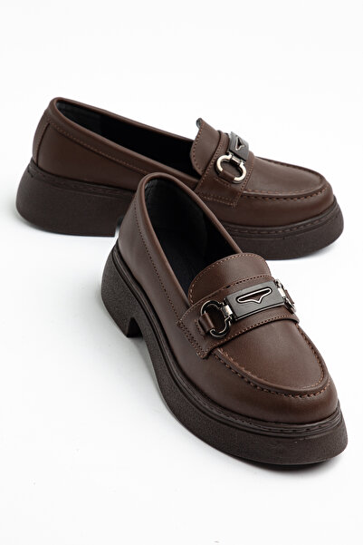Saadet Kaya Butik Kadın Kahverengi Cilt Tokalı Loafer Ayakkabı