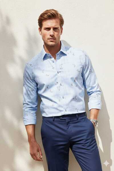 Louis Fabel Square and Leaf Patterned Long Sleeve Men's Shirt