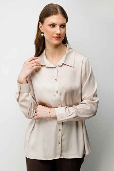 Ekol Women's Plus Size Satin Look Shirt 2502 Beige