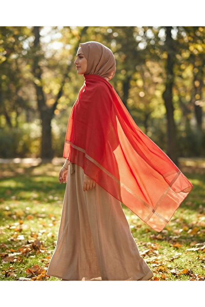 Arwella Tulle-Detail Silvery Shawl-Red