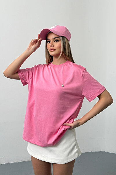 GİYSA Tricou de damă cu detalii argintii, 100% bumbac, roz - 26Y 26510