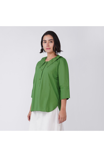 LINELLE Green Cotton Poplin Shirt with Peter Pan Collar