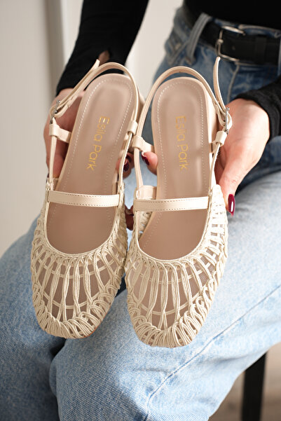 Esilapark Beige Women's Sandals Ballerina Short Thick Heeled Knitted