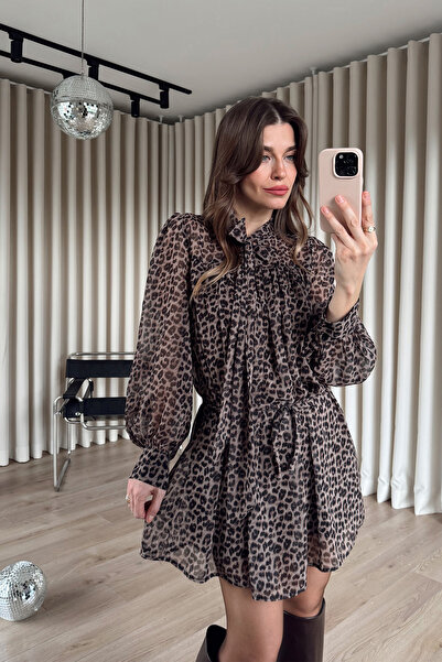 Sue Store Leopard Polka Dot Lined Short Chiffon Dress