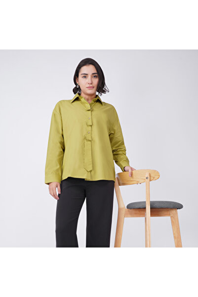 LINELLE قميص قطن قماش بوبلين بلون الزيتوني الأخضر