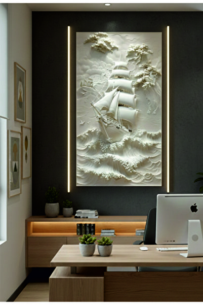 Kanvas İmaj 3D Kabartma Görünümlü Yelkenli Gemi Kanvas Tablo - Beyaz Rölyef E...