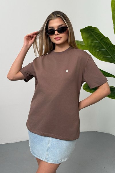 GİYSA Women's Silver Accessory Detailed 100% Cotton T-Shirt Light Brown - 26Y 26510
