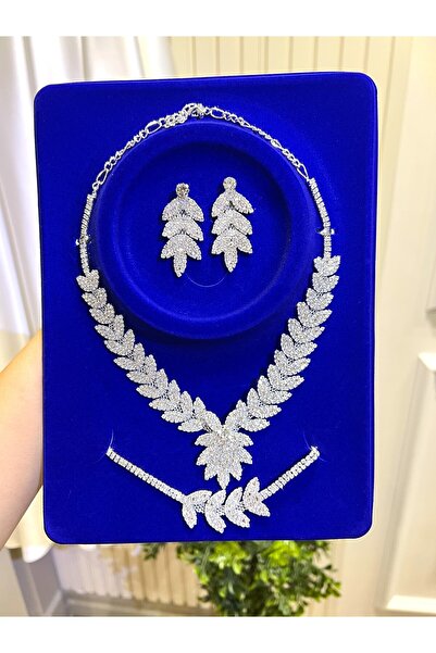 Taşmeran Crystal Stone Designed Leaf Model Quality Plated Bridal Jewelry Set ...