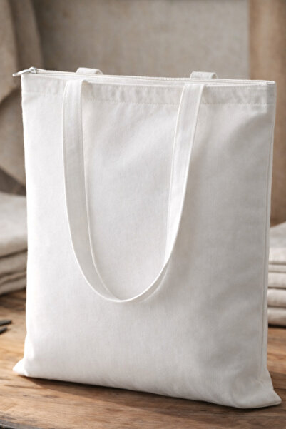 TWINS TEKSTİL Beyaz Alpaka Bez Çanta 35x40 cm – Fermuarlı Tote