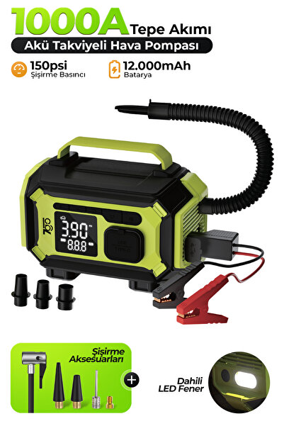7GO 7A5 4-in-1 Akü Takviye Cihazı & Hava Kompresörü – 150 PSI Şarjlı Lastik Ş...