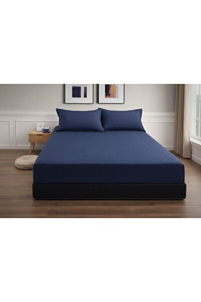 Cuvertură de pat cu elastic + 2 fețe de pernă, 180x200 cm, damasc din bumbac , culoare bleumarin miniatura 2