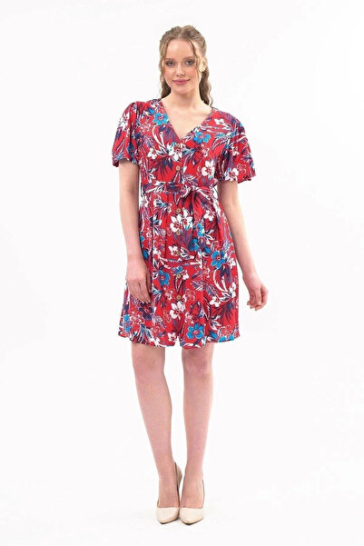 Arseno Γυναικείο φόρεμα με σχέδιο με μοτίβα, πέτο και ζώνη, κόκκινο, μεγάλο μ...