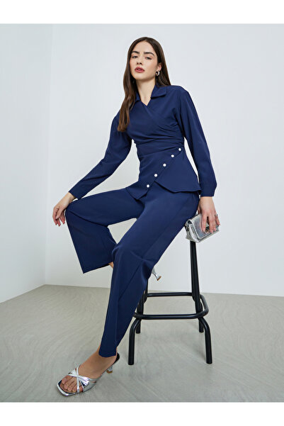 Styli Blue Asymmetric Hem Wrap Top and Pants Co-Ords