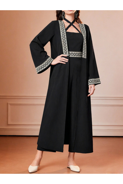 Take Two By Styli Black Embroidered Abaya with Inner Dress Set