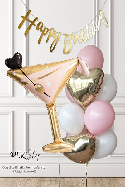 PEKSHOP Set243 Happy Birthday Banner ve Kadeh Balonlu Gold Pembe Yetişkin Doğ...
