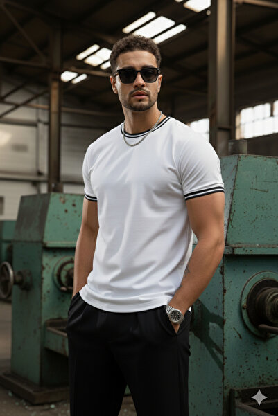 FUWEAR Tricou pentru bărbați, din bumbac pieptănat, cu guler rotund și detali...