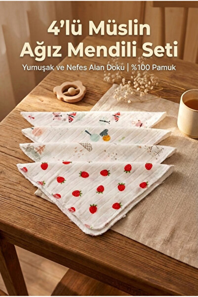 YUNUSOĞLU HOME 4'lü Modern Desenli Müslin Bebek Ağız Mendili Günlük Kullanım ...