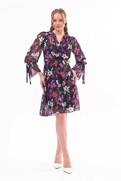 Astra Plus Women's Floral Patterned Lace-Up Detailed Navy Blue Chiffon Midi D...