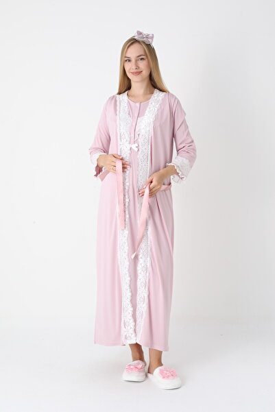 ERDENİZ TEKSTİL Maternity Nightgown Dressing Gown Set Lace Plus Size Powder B...