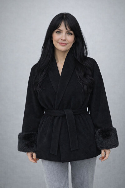 Kureyzibies Women's Black Belted Cashmere Coat – Fur Cuff Detail