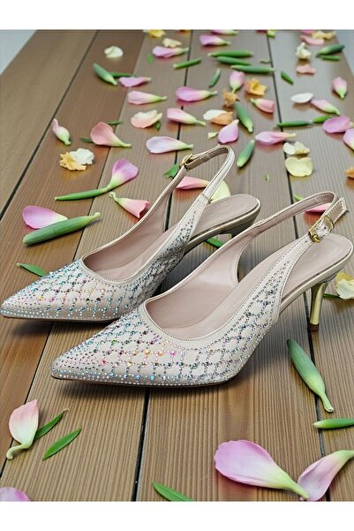 KAFKASLAR AYAKKABI Stone-Embellished 6 cm Thin Heel Closed Front Open Back Wo...