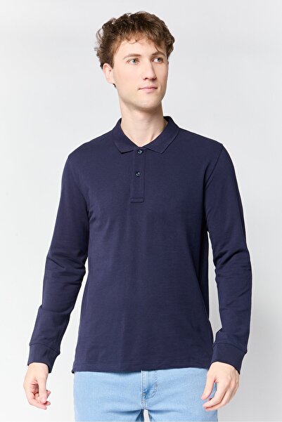 CELIO Men Regular Fit Solid Long Sleeves Polo Shirt, Navy