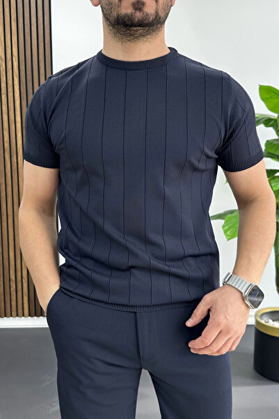 Edwox Ανδρικό μπλουζάκι με ριγέ λαιμόκοψη Navy Blue Edw456